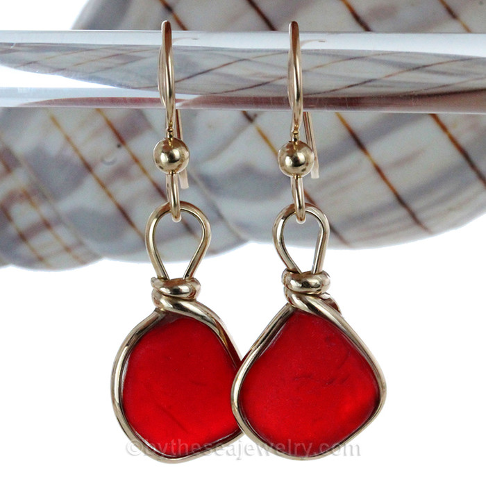 Fire Red Genuine Sea Glass Earrings In 14K 