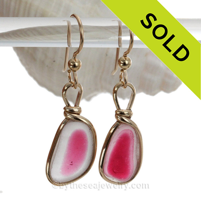 Pink Power- English Art Seaham Sea Glass Earrings In Original Gold Wire Bezel©