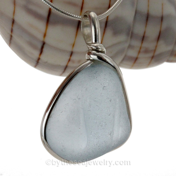 Pale Ice Blue Natural Sea Glass In Original Sterling Silver Wire Bezel© Necklace Pendant