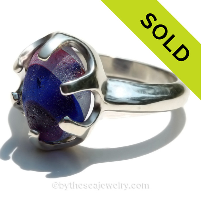 Mixed Pink and Blue Genuine Sea Glass Ring In Sterling - Size 7