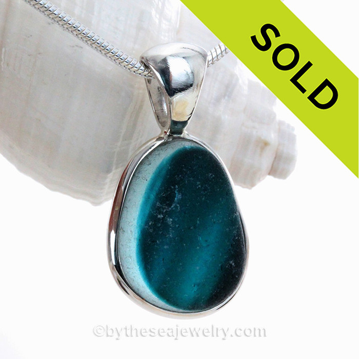 Vivid Teal English Sea Glass In Solid Sterling Silver Deluxe Wire Bezel©