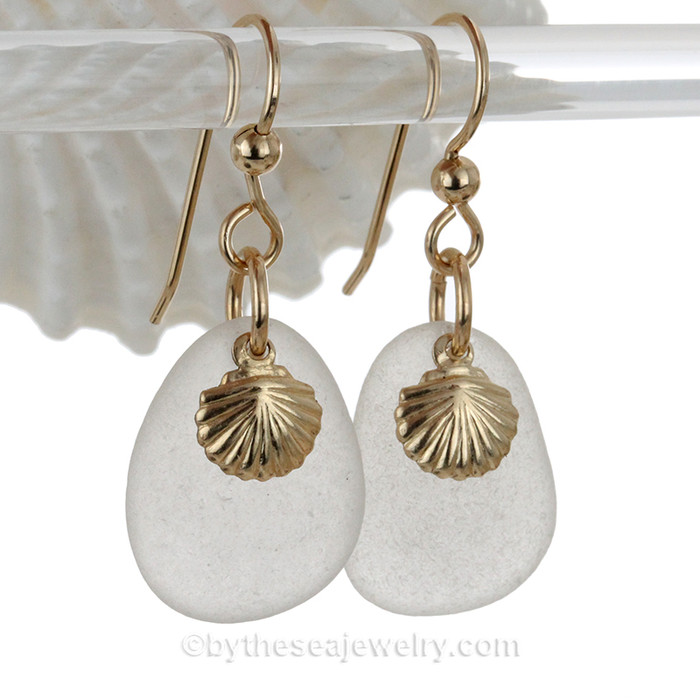 Genuine Pure White Sea Glass Earrings On Gold With Goldfilled Shell Charms