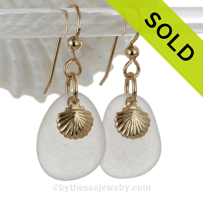 Pure White Genuine Sea Glass Earrings On Gold With Shell Charms