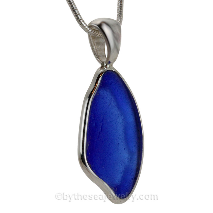 L-A-R-G-E Cobalt Blue Natural Sea Glass Bottle  Bottom In Deluxe Sterling Bezel© Pendant
