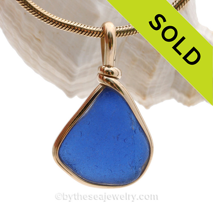 Blue Sea Glass In Original Gold Wire Bezel© Necklace Pendant