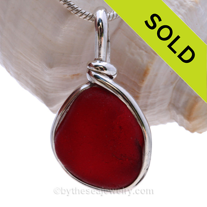 Rare Vivid Red End OF Day Slag Sea Glass In Sterling Silver Original Wire Bezel