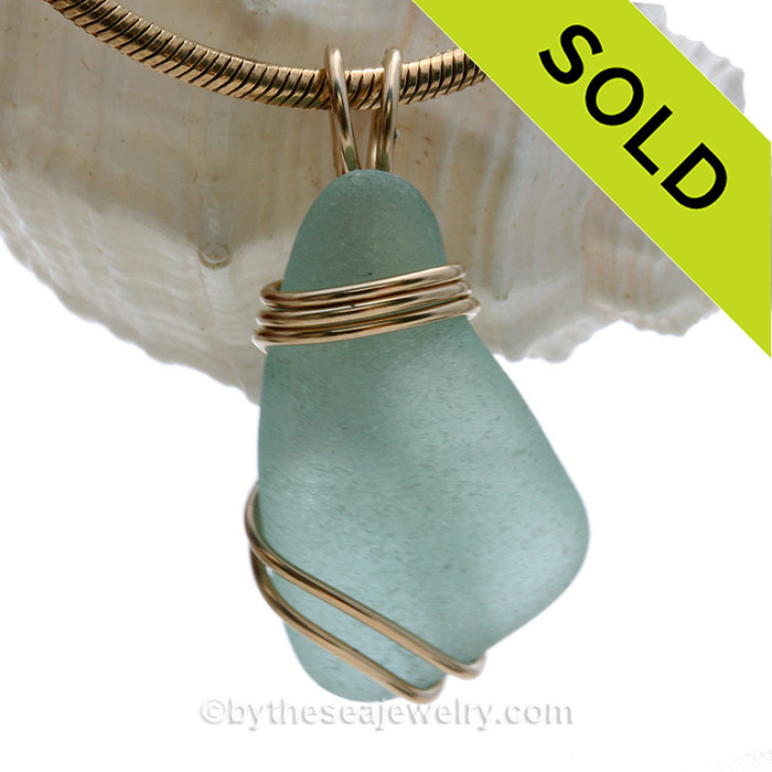 Pale Aqua Blue Green Sea Glass In Simple Gold Wrapped Pendant