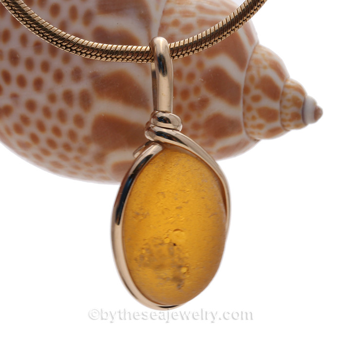 Golden Sands - Electric Yellow Sea Glass Pendant In Original Wire Bezel Setting© In Gold