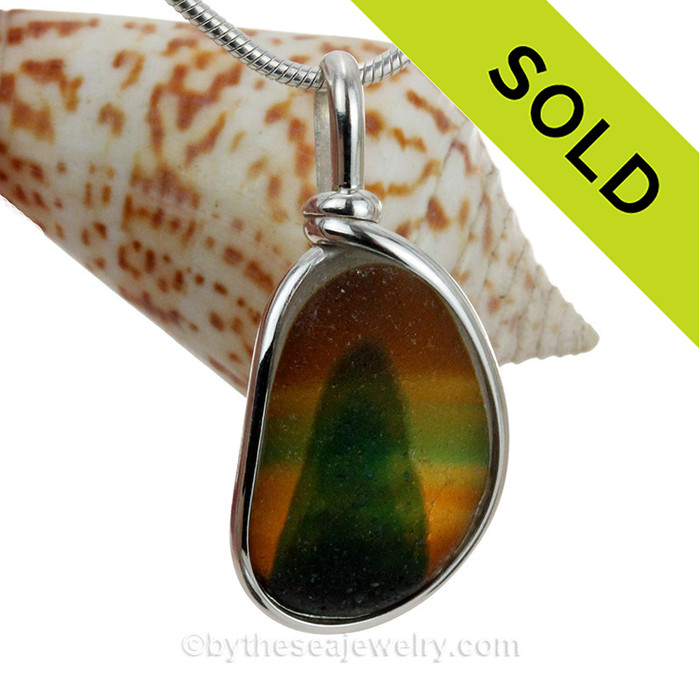 LARGE Mixed Amber & Green English Sea Glass Necklace Pendant In S/S Original Wire