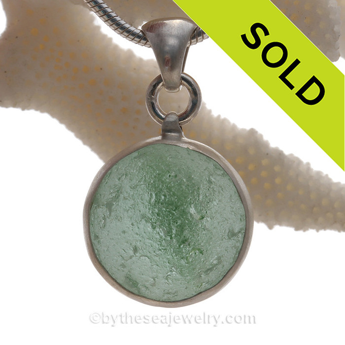 Beach Found Green Sea Glass Catseye Marble In Sterling Minimal Satin Wire Bezel© Pendant