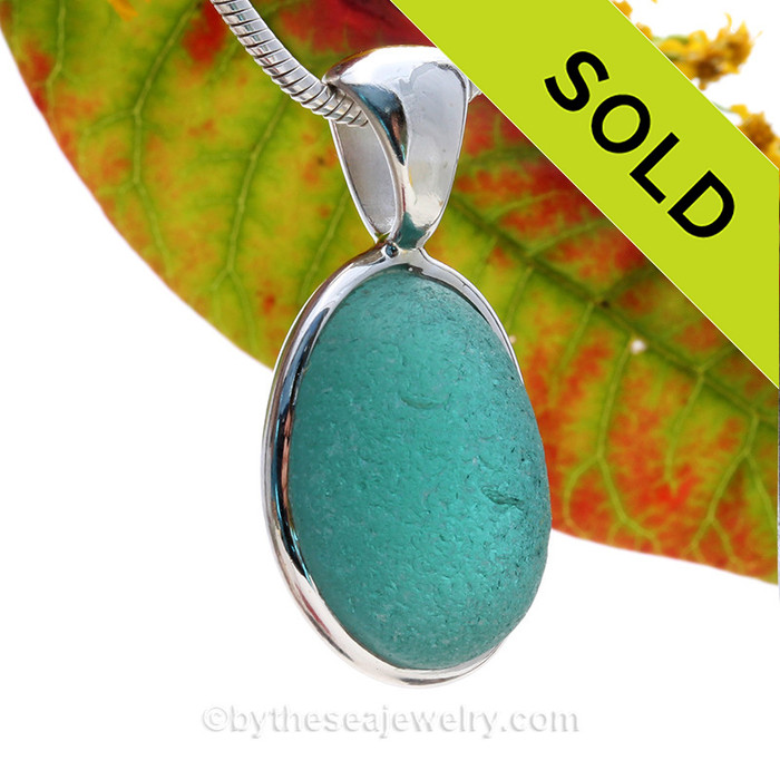 Vivid Aqua Blue Seaham Sea Glass In Deluxe Wire Bezel Pendant