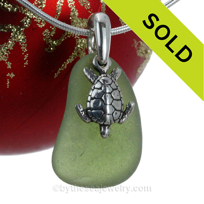 Green Sea Glass Necklace with Sterling Turtle Charm 