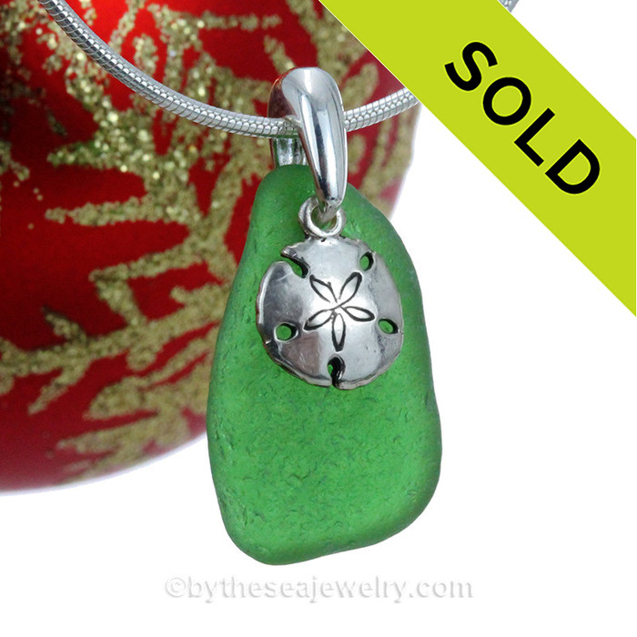 Green Genuine Sea Glass Necklace With Solid Sterling Silver Sandollar Charm