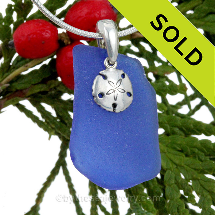 Large Flat Cobalt Blue Sea Glass Necklace With Sterling Sandollar Charm 0 18" STERLING CHAIN INCLUDED!
