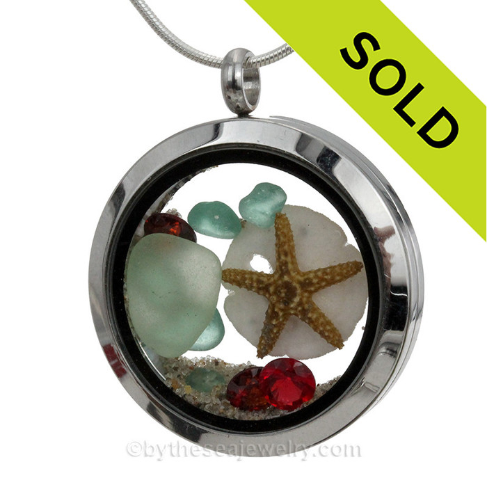  Christmas Magic - Green and Aqua Sea Glass With Real Sand Dollar, Starfish Locket