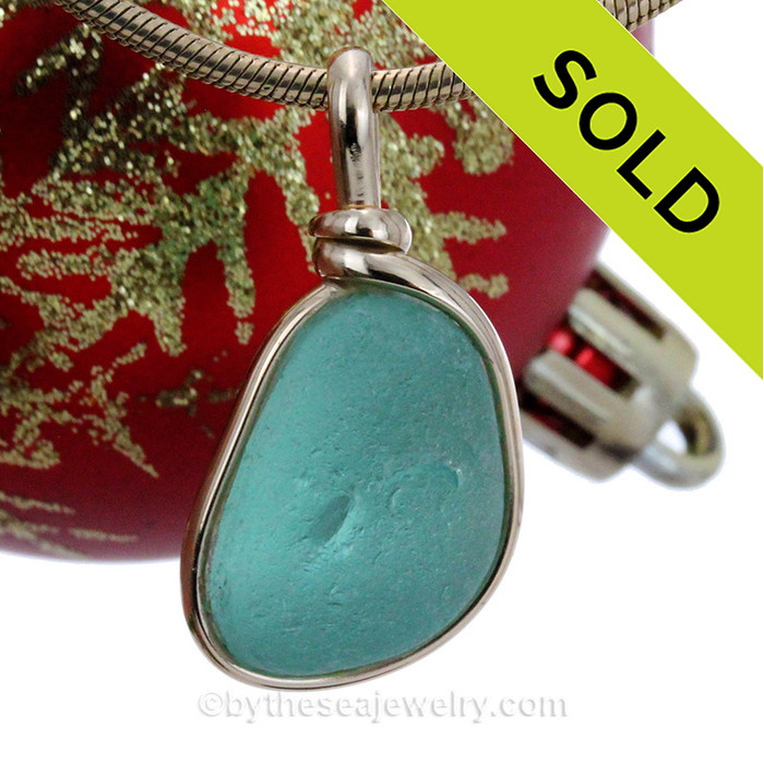 Aqua Blue Genuine Sea Glass Pendant In Gold