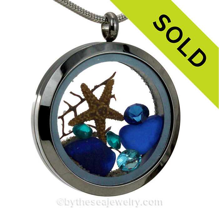 blue sea glass locket necklace