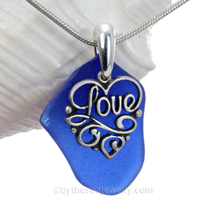 Blue Sea Glass Necklace With Sterling Heart LOVE Charm - 18" Solid Sterling Chain INCLUDED!