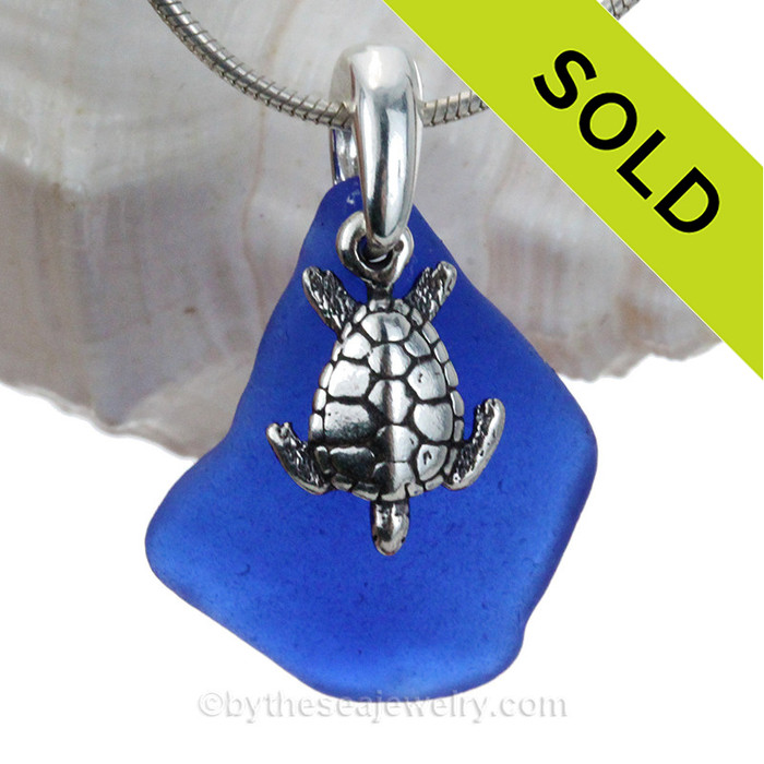 Large Blue Sea Glass Necklace with Sterling Sea Turtle Charm and 18" Sterling Snake INCLUDED