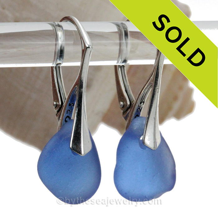 Vivid Carolina Blue Simply Sea Glass On Silver Leverback Earrings