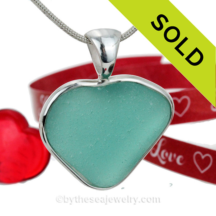 Aqua Blue natural Sea Glass Heart Pendant 