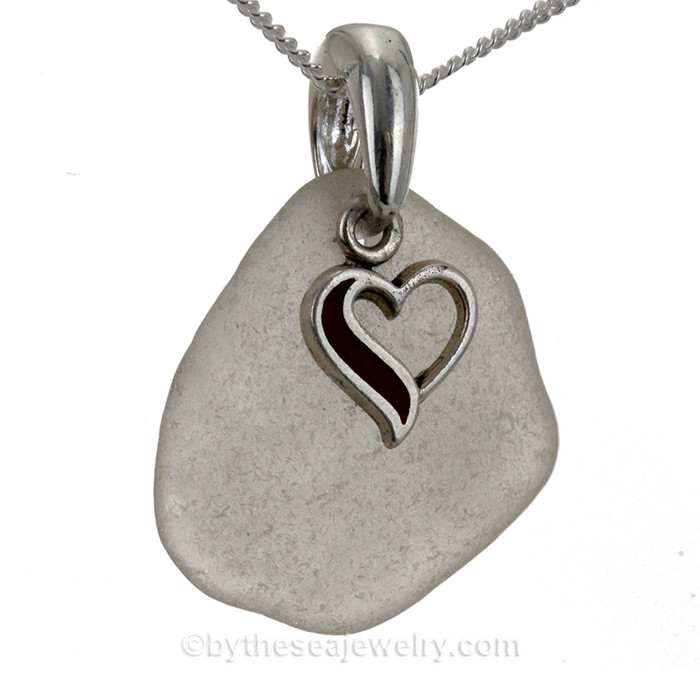 White Sea Glass Necklace With Sterling Heart Charm - Solid Sterling Chain INCLUDED