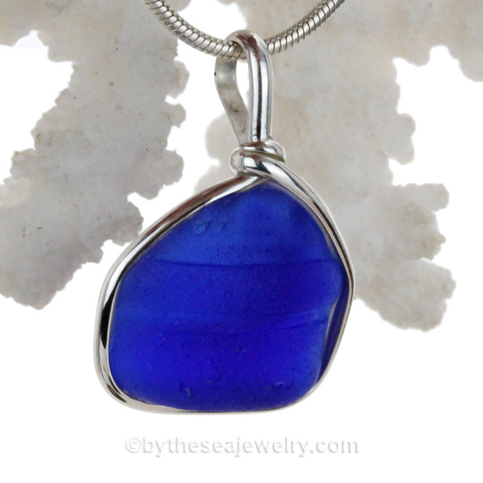 Thick Ridged Cobalt Blue Sea Glass Pendant In S/S Original Wire Bezel© Pendant