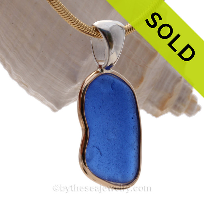 Bright Medium Blue Sea Glass In Tiffany Deluxe Wire Bezel© Pendant