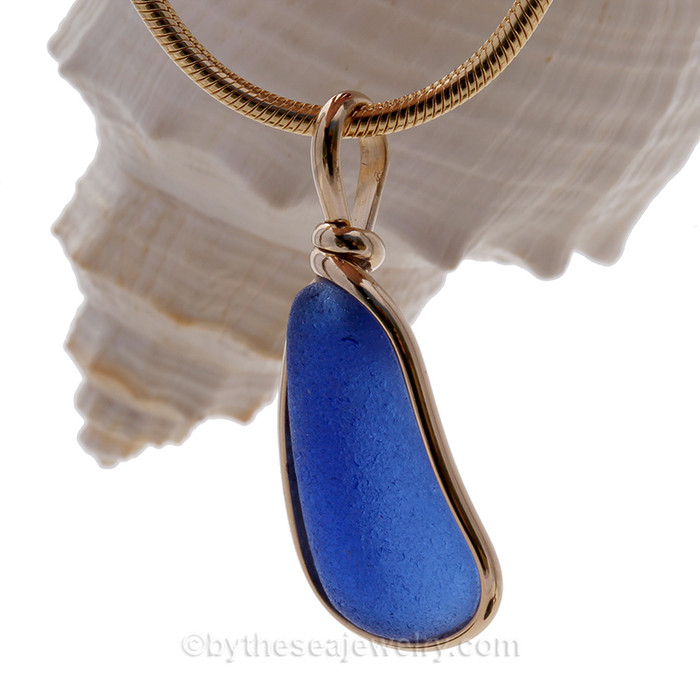 Thick Bright Medium Blue  Sea Glass In Original Gold Wire Bezel© Pendant