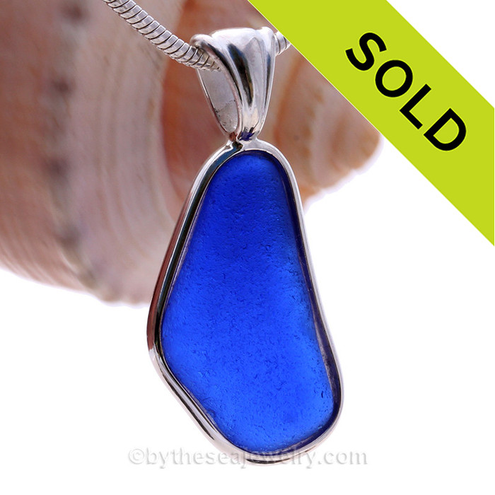Blue Natural Sea Glass In Deluxe Sterling Bezel© Necklace Pendant 