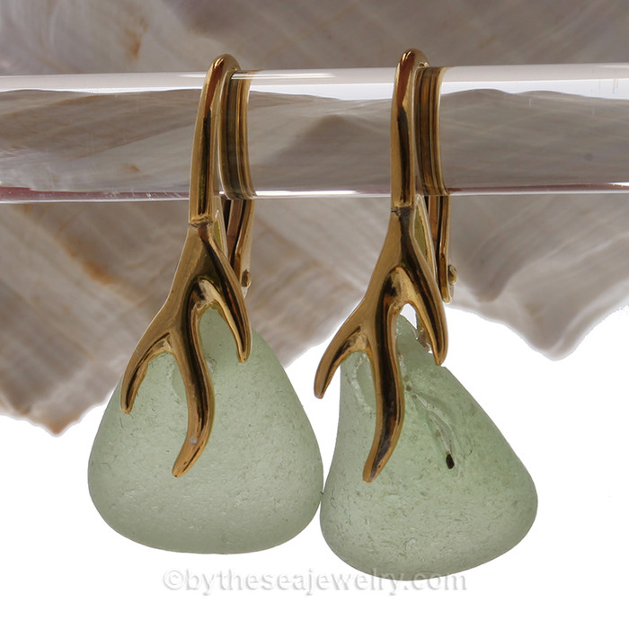  Seafoam Green Sea Glass Earrings on 24K Gold Vermeil Branch Earrings