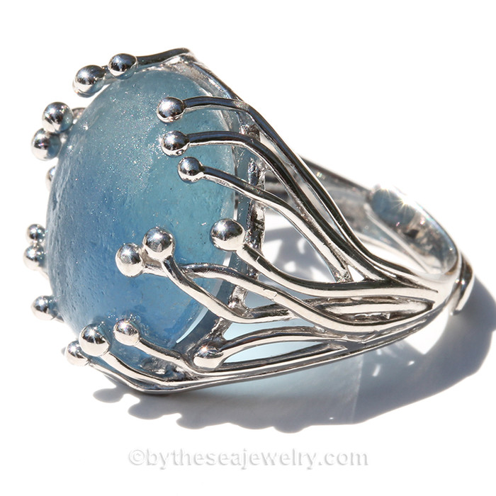 Medium Blue English Sea Glass Ring in Solid Sterling Silver