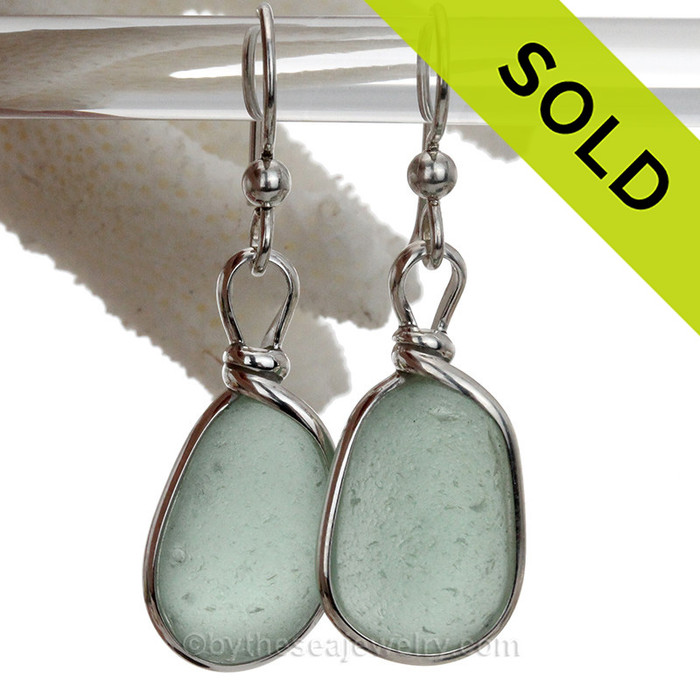 Seafoam Green Seaham Sea Glass Earrings Sterling Original Wire Bezel©