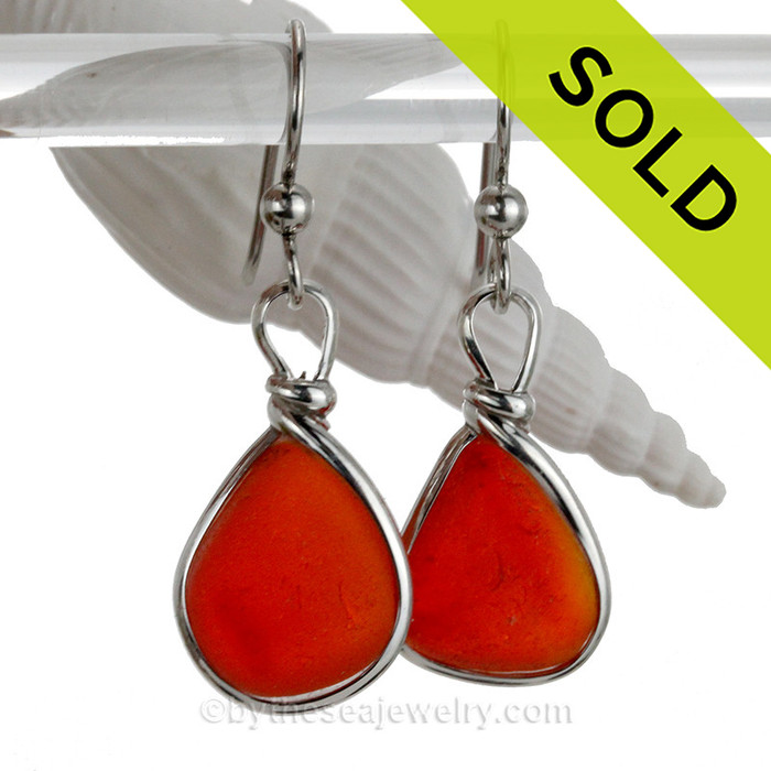 SUPER ULTRA RARE - Orange Red Sea Glass Earrings In Sterling Original Wire Bezel© 