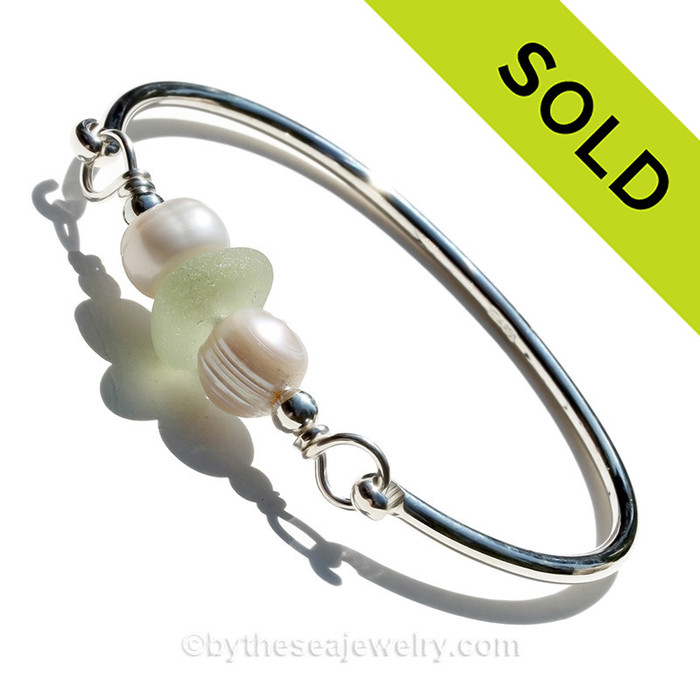 seafoam Green English Sea Glass With Large Pearls Premium Bangle