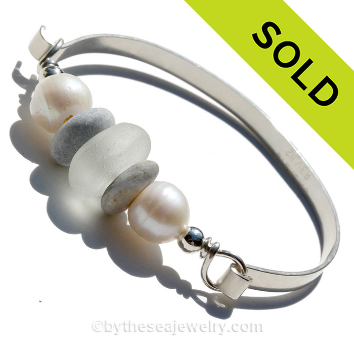 White Sea Glass Sterling Wide Flat Bangle Bracelet