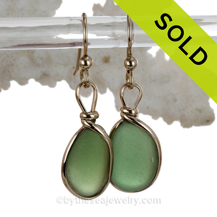Soft Green Sea Glass In Original Wire Bezel Earrings In 14K Rolled Gold 