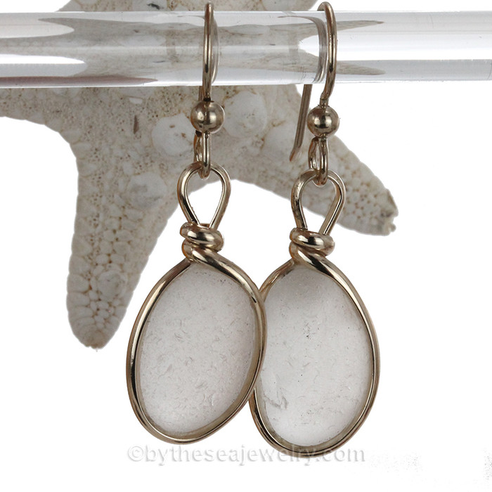 Thick Classic White Sea Glass Earrings In Goldfilled Original Wire Bezel©  