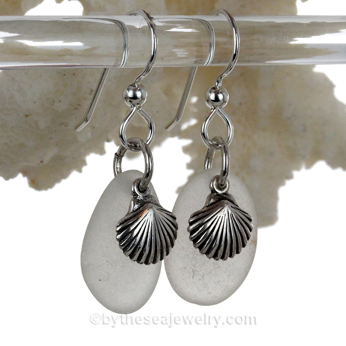 Sea Glass Earrings In Pure White on Sterling Silver With Sterling Shell Charms