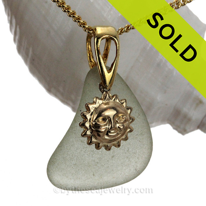 Sunlover - Sea Green Sea Glass Necklace On Gold Vermeil Bail with G/F Sun Charm- 18" Goldfilled Chain INCLUDED!!