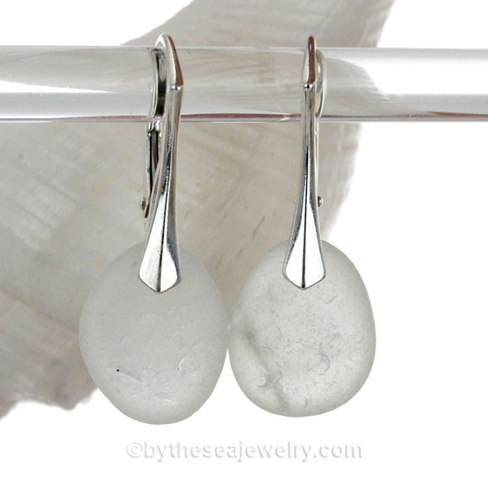 White Sea Glass Earrings on Solid Sterling Leverbacks