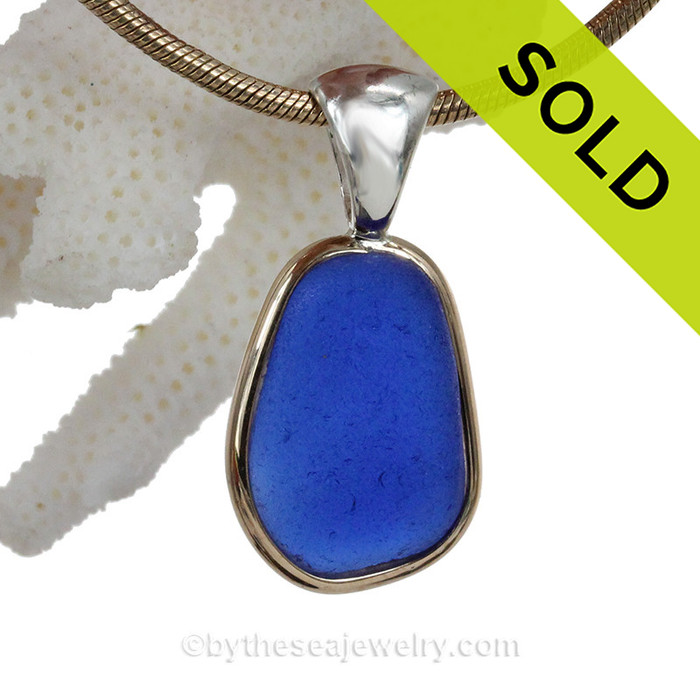 Cobalt Blue Sea Glass In Tiffany Deluxe Wire Bezel© Pendant