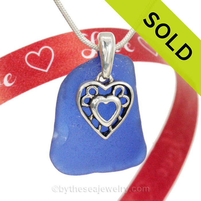 Blue Sea Glass Necklace With Sterling Heart In Heart Charm