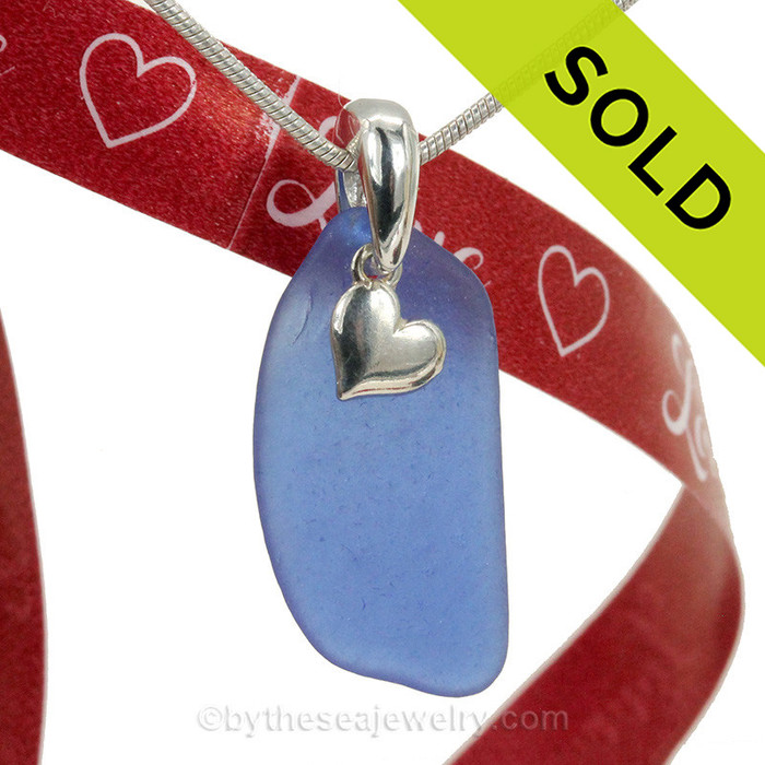 Blue Sea Glass Necklace With Sterling Small Heart Charm