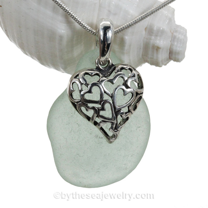 Large Seafoam Green Glass Necklace With Hearts in Heart Charm - S/S CHAIN INCLUDED