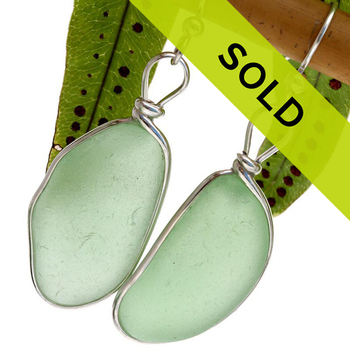 HUGE Seafoam Green Genuine Sea Glass Earrings In Silver Original Wire Bezel©