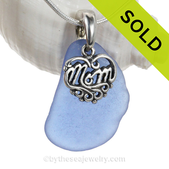 Carolina Blue Genuine Sea Glass Necklace & Sterling MOM Heart Charm 