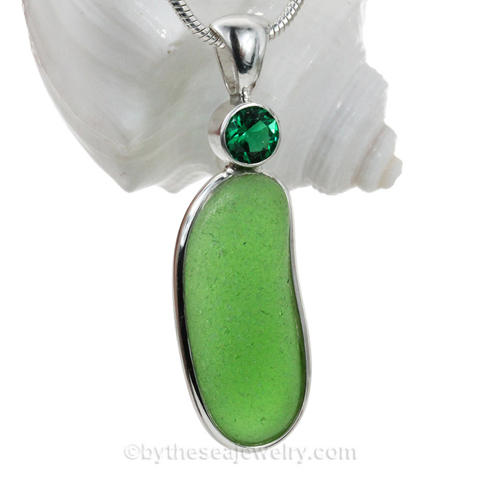 Emerald Green Sea Glass In Sterling Deluxe Wire Bezel© with gemstone