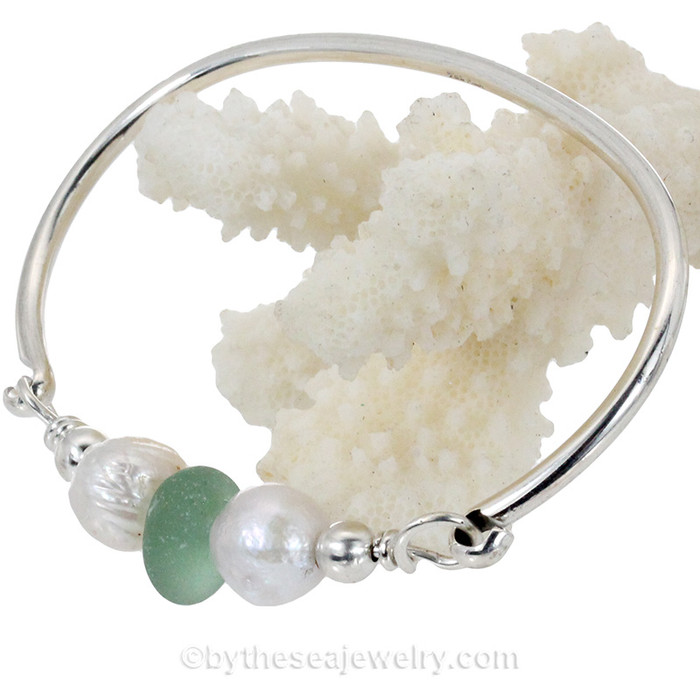  Aqua Sea Glass Sterling Bangle Bracelet W/ Large Freshwater Pearls