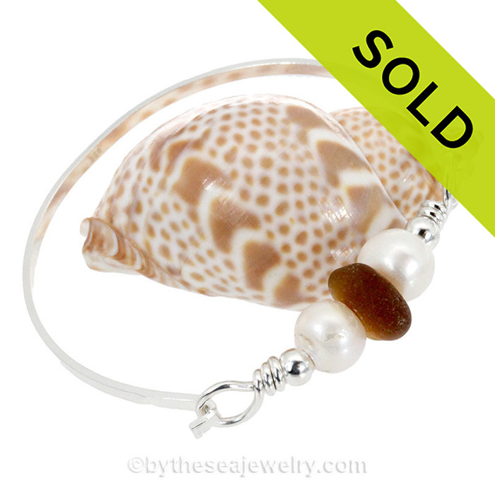 Bright Honey Amber Sea Glass Sterling Thin Flat Bangle Bracelet